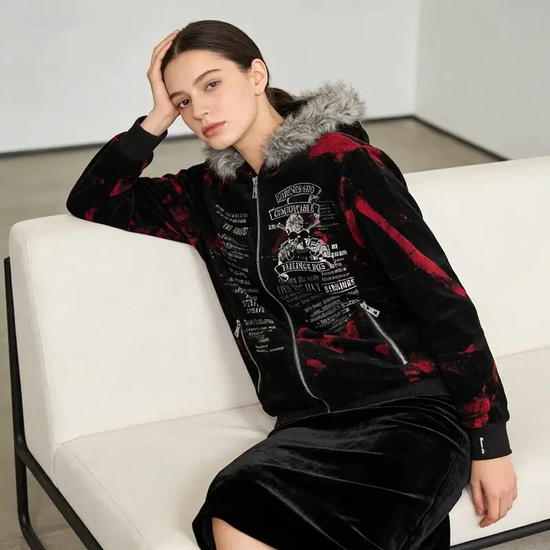 Produit gaming premium Fraquane, 2026 New American Fashion Trend Goth Printed Zipper Hoodie Women Street Hip Hop Punk Rock Sweatshirt Unisex Casual Loose Hoodie