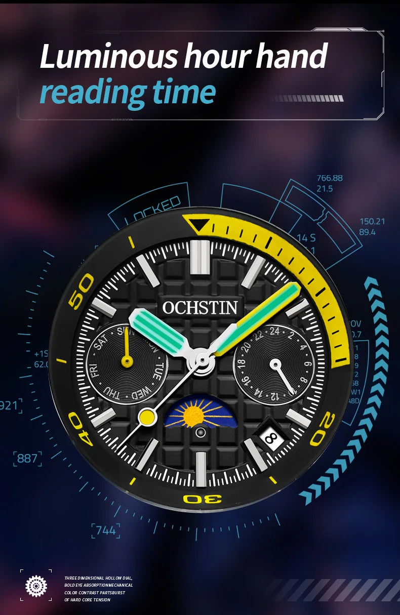 OCHSTIN Automatic Men Watches Luxury Designer Octagon Bezel Mechanical Date Day Night Dial Luminous Male Trendy Sport Wristwatch