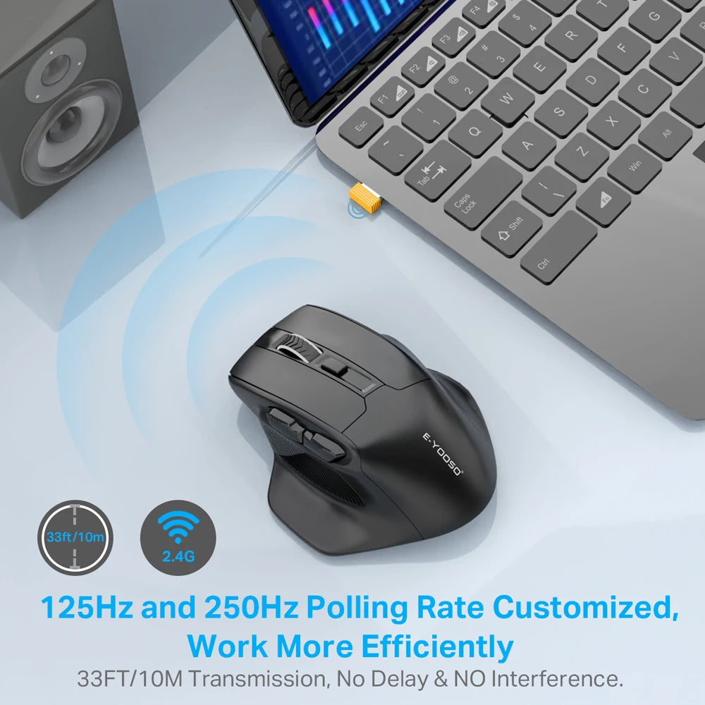 Rato Gaming Sem Fios E-YOOSO X-31 USB 2.4G de Grande Dimensão para Mãos Grandes, PAW3212, 4800 DPI, 5 Botões, para Gamer, Computador Portátil e PC