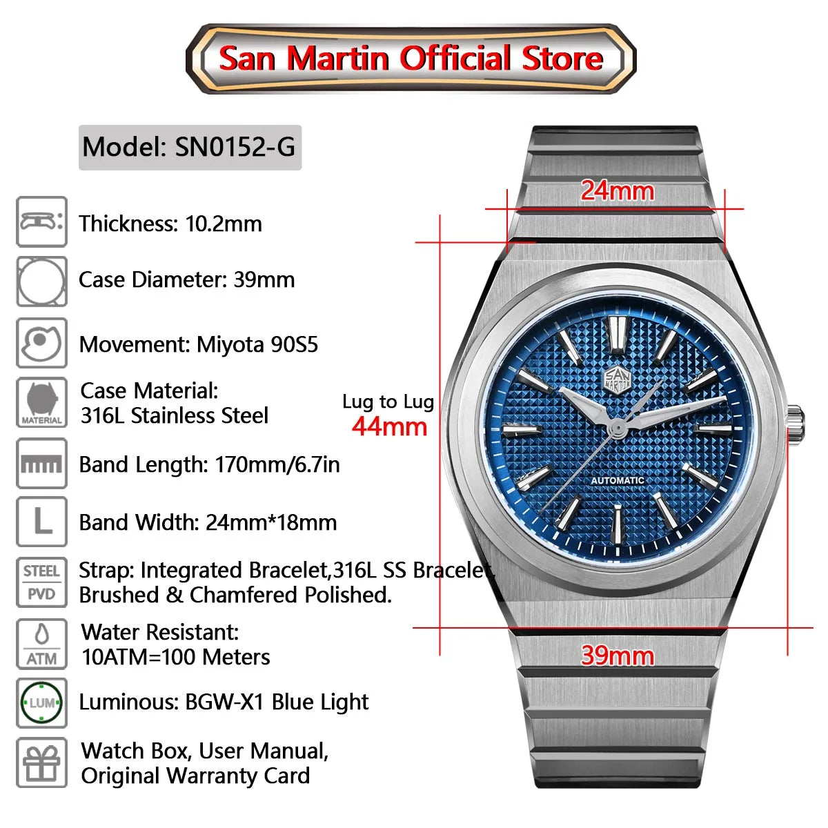 San Martin 39mm Luxury Men Sports Watch Waffle Dial Integrated Bracelet Miyota 90S5 Automatic Mechanical Clear Caseback SN0152
