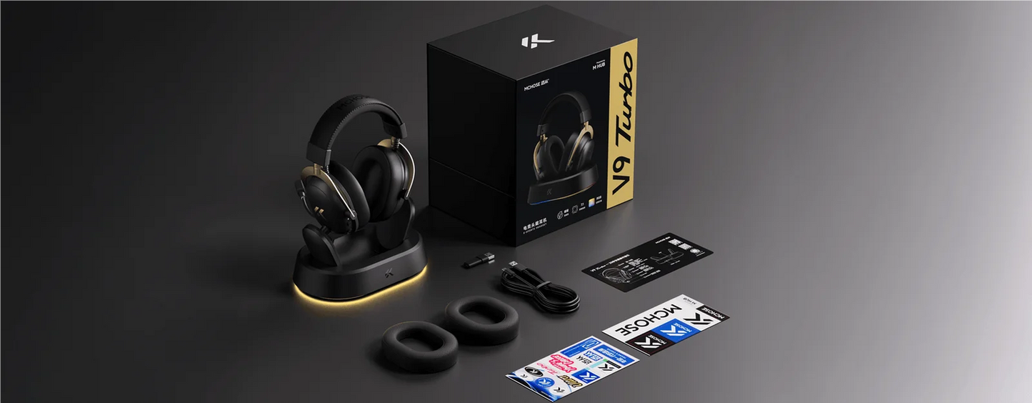 Auriculares gaming inalámbricos MCHOSE V9 Turbo con sonido envolvente 7.1, RGB, auriculares esports con drivers de 60mm, micrófono con cancelación de ruido y base de carga