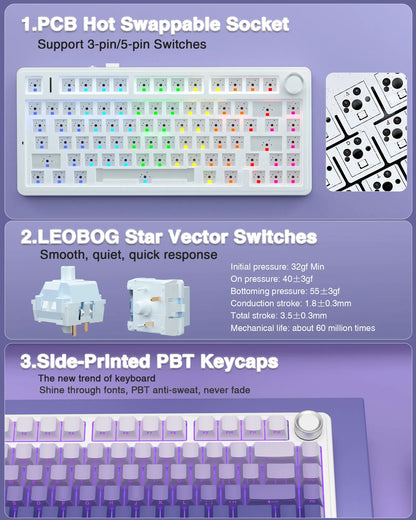 AULA F75 Pro kabellose mechanische Gaming-Tastatur mit Gasket-Mount, RGB, anpassbar, 75-%-Layout und seitlich gravierten PBT-Tastenkappen