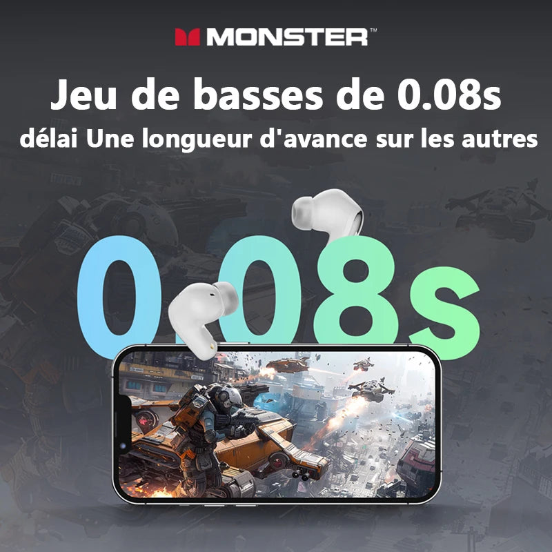 Auriculares Monster MQT52 sem fios Bluetooth 5.4 com bateria de longa duração, auscultadores gaming de modo duplo, som estéreo Hi-Fi e microfone