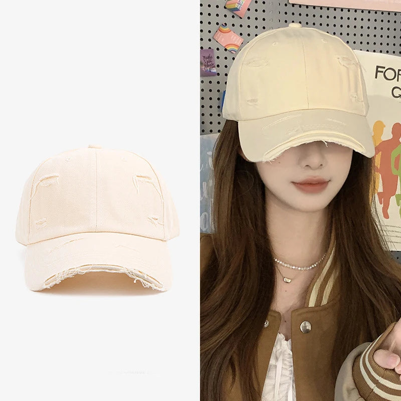 Ny forårs- og sommerhat til mænd og kvinder i hip-hop-stil – alsidig, blød top, buet skygge, retro-look med slidte huller og duckbill-form