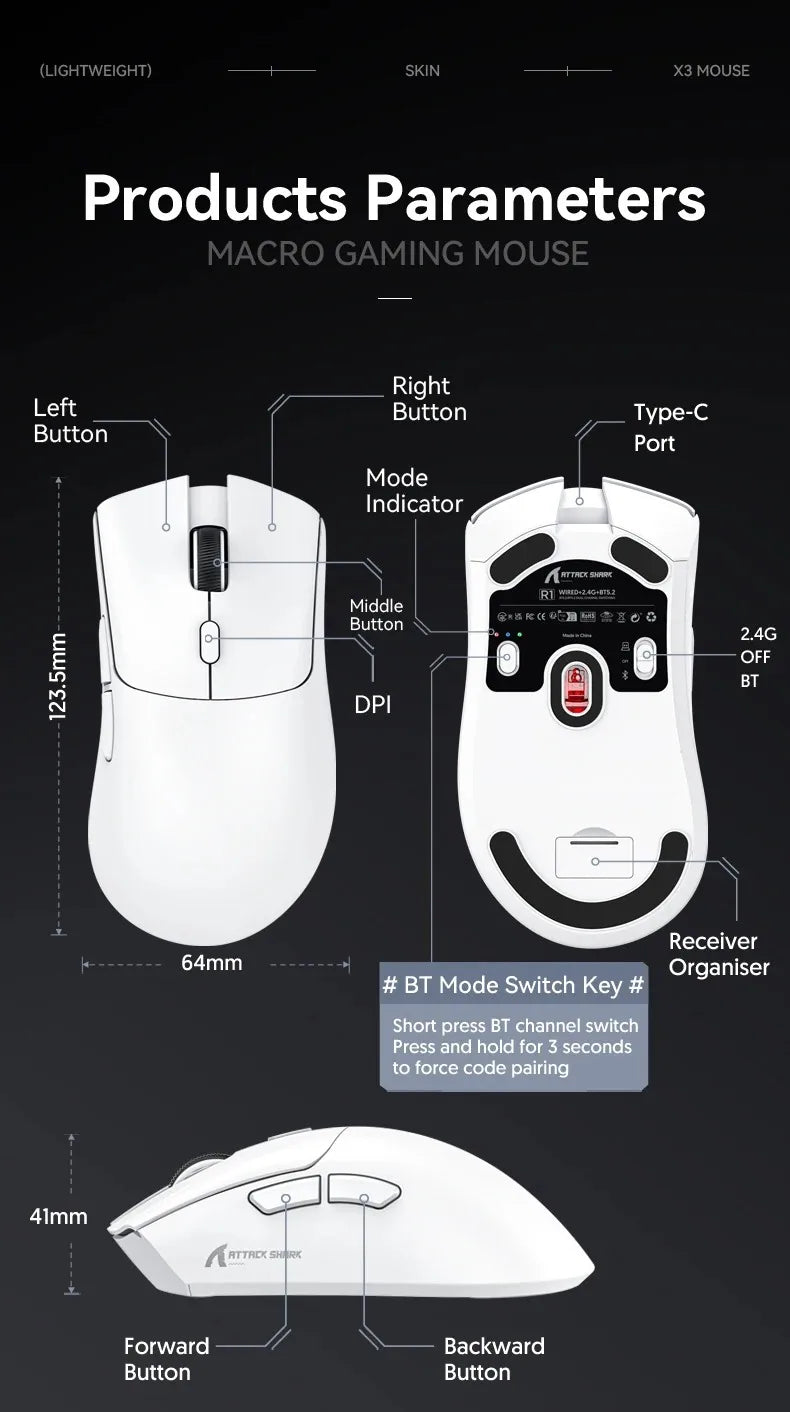 Attack Shark R1 Wireless Mouse for Gaming 1000 Hz PAW3311 Sensor, Rechargeable, Bluetooth Tri-mode, Ergonomic