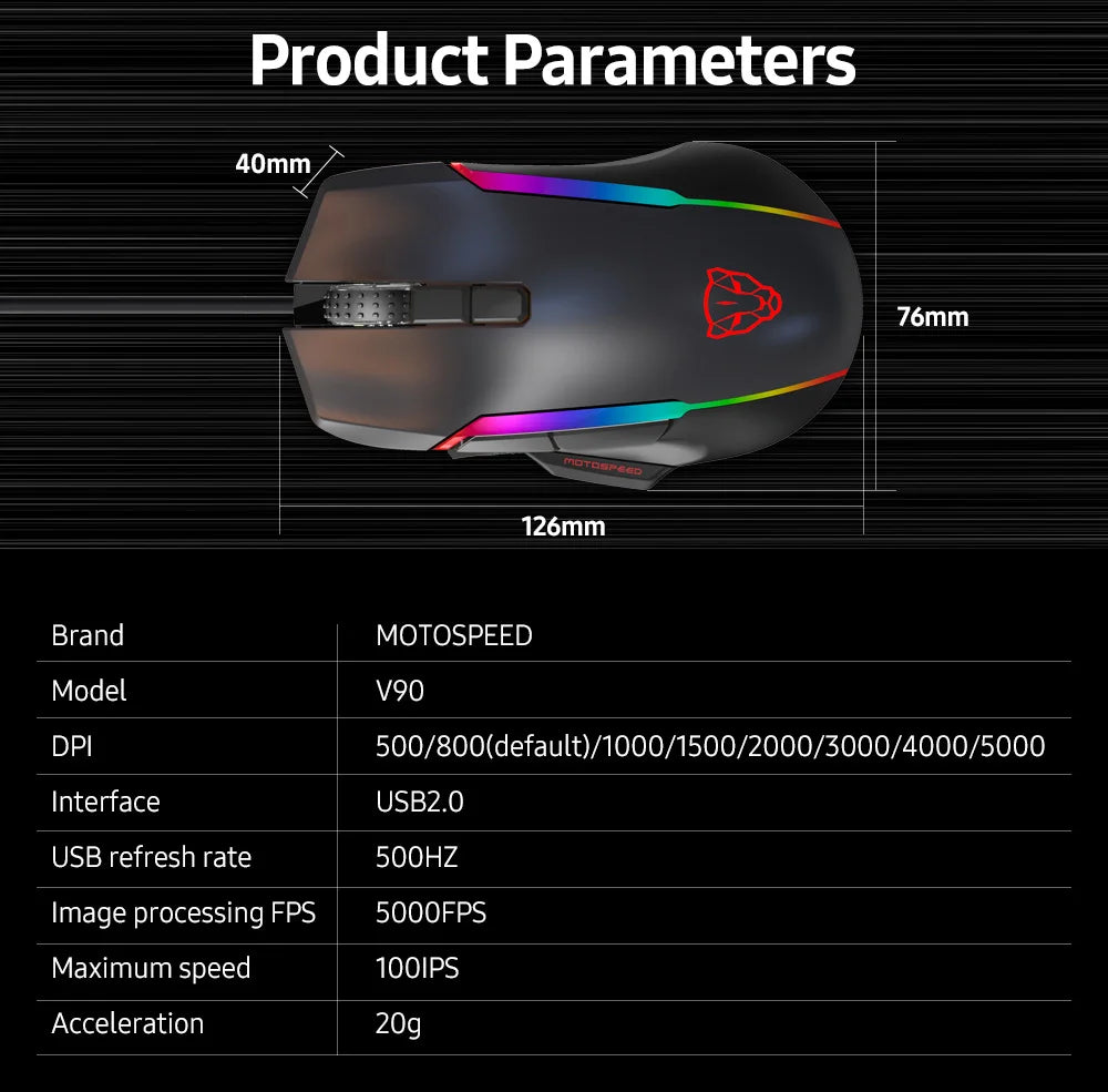 Motospeed V90 Wired Gaming Mouse RGB Backlight 8 Adjustable 50000 DPI Office Game Mouse Macro Drive PMW3325 For Laptop PC