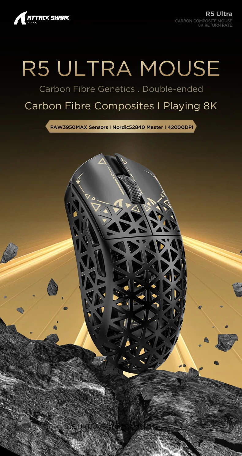ATTACK SHARK R5 Tri-mode Ultra Wireless Gaming Mouse Carbon Fiber 8K ,PAW3950MAX ,8000Hz Wireless Polling Rate, DPI up to 42000