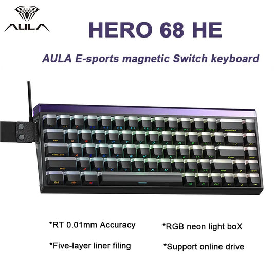 AULA HERO 68 HE E-sports Gaming Wired Keyboard Magnetic Switch RGB Hot Swap 8K Hz Return Rate 60% Customize Mechanical Keyboard