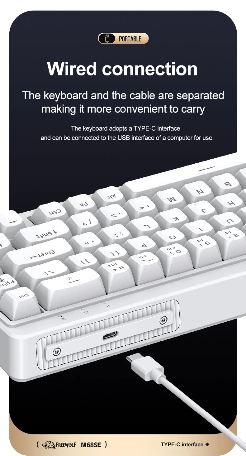 FREEWOLF M68SE Teclado con tacto mecánico de 68 teclas, mini teclado compacto con cable y silencioso para portátiles, gaming y uso de oficina