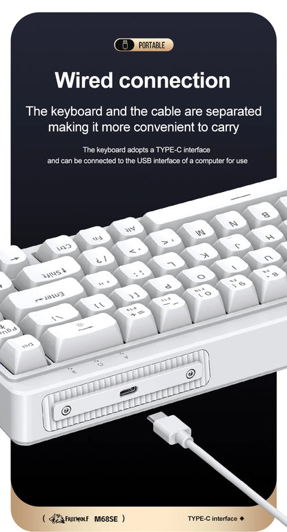 FREEWOLF M68SE Teclado con tacto mecánico de 68 teclas, mini teclado compacto con cable y silencioso para portátiles, gaming y uso de oficina
