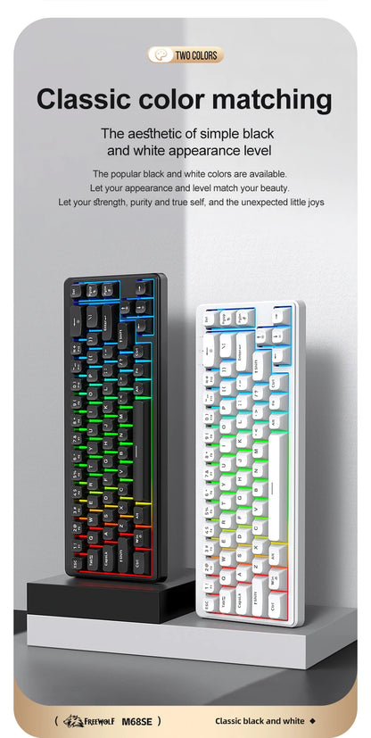 FREEWOLF M68SE Teclado con tacto mecánico de 68 teclas, mini teclado compacto con cable y silencioso para portátiles, gaming y uso de oficina