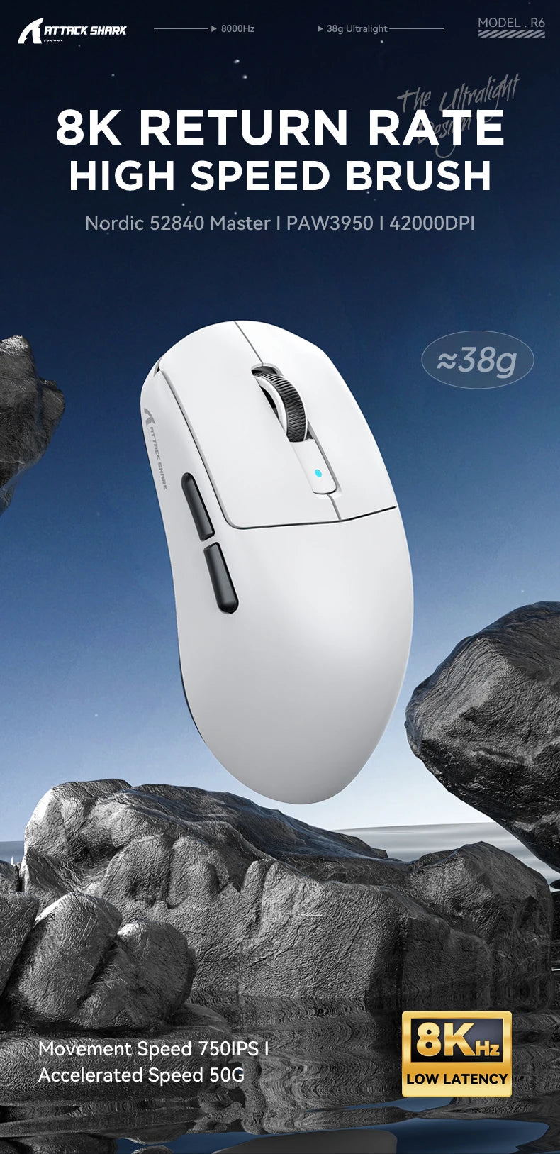 ATTACK SHARK R6 PAW3950MAX Wireless Gaming Mouse, 8Khz Polling, Ultralight 39g, Nordic 52840 MCU,  Omron Optical Microswitches