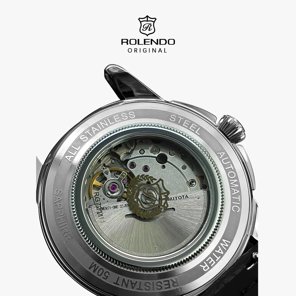 ROLENDO 1908 Men Automatic Mechanical Watch 21 Jewels Black Genuine Leather Business Wristwatch Waterproof Luxury Male Timepiece