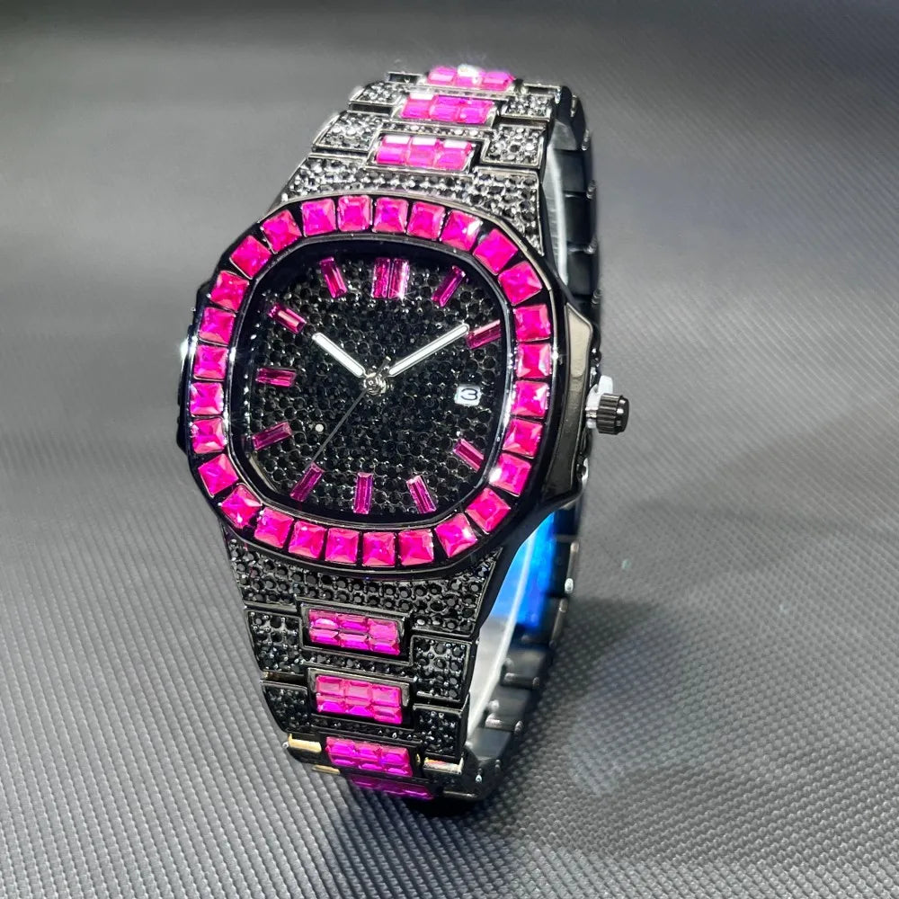 MISSFOX Luxury Watch For Men Rose Iced Out Diamond Hip Hop Quartz Waterproof Clock Men Square Diamond Male Watch 2026 New