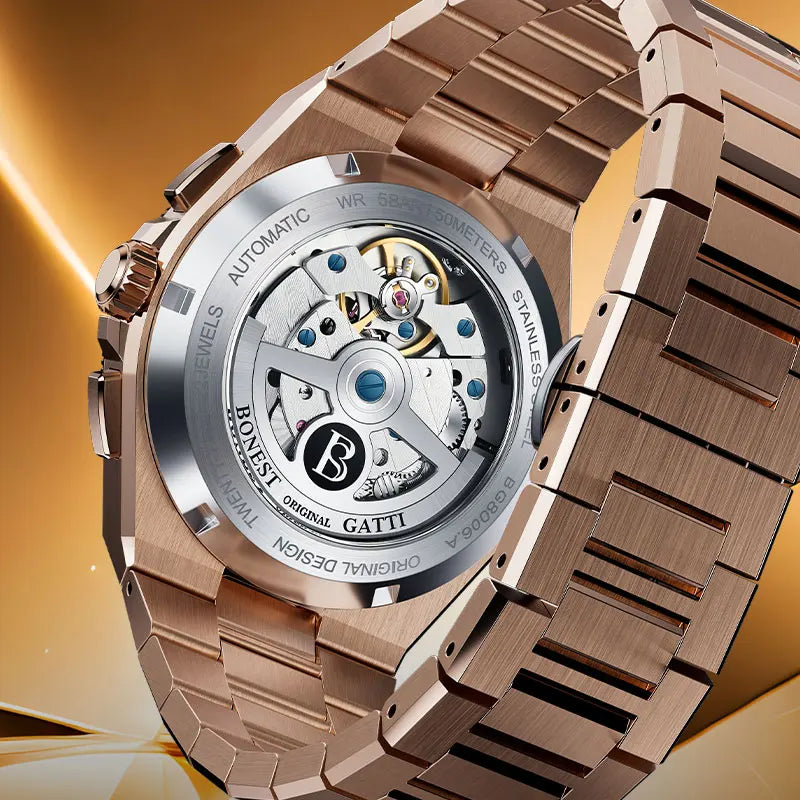 BONEST GATTI 2026 New Men's Automatic Watch 316L Stainless Steel Luminous Date Week Month 24H Display Business Mechanical Watch