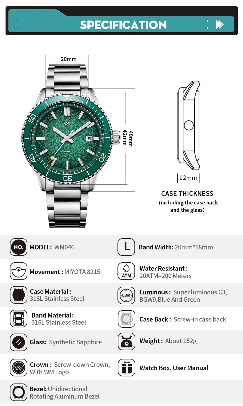 WM Watch Automatic Mechanical Dive Watch Man MIYOTA 8215 Waterproof Stainless Steel Sapphire Welly Merck Diving Watches WM046