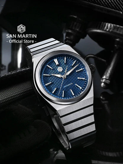 San Martin 39mm Luxury Men Sports Watch Waffle Dial Integrated Bracelet Miyota 90S5 Automatic Mechanical Clear Caseback SN0152