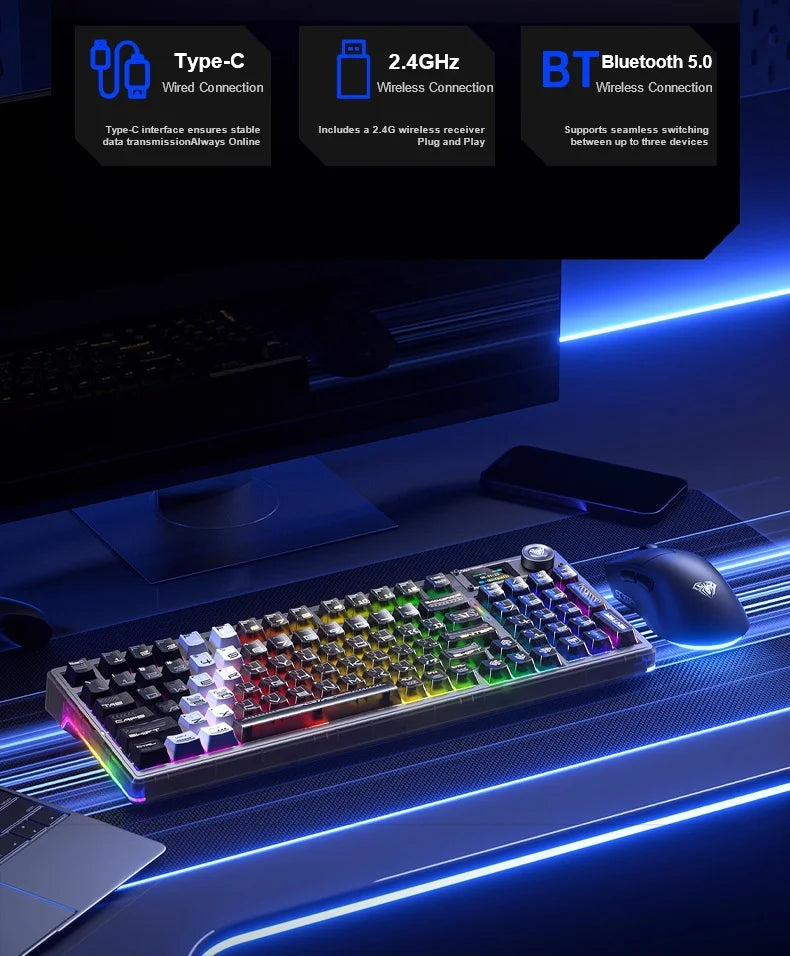 AULA F98Pro V3 Mechanical Keyboard 3-mode Wireless Bluetooth Hot-swap E-sports Customized Transparent Keycaps RGB Game Keyboards
