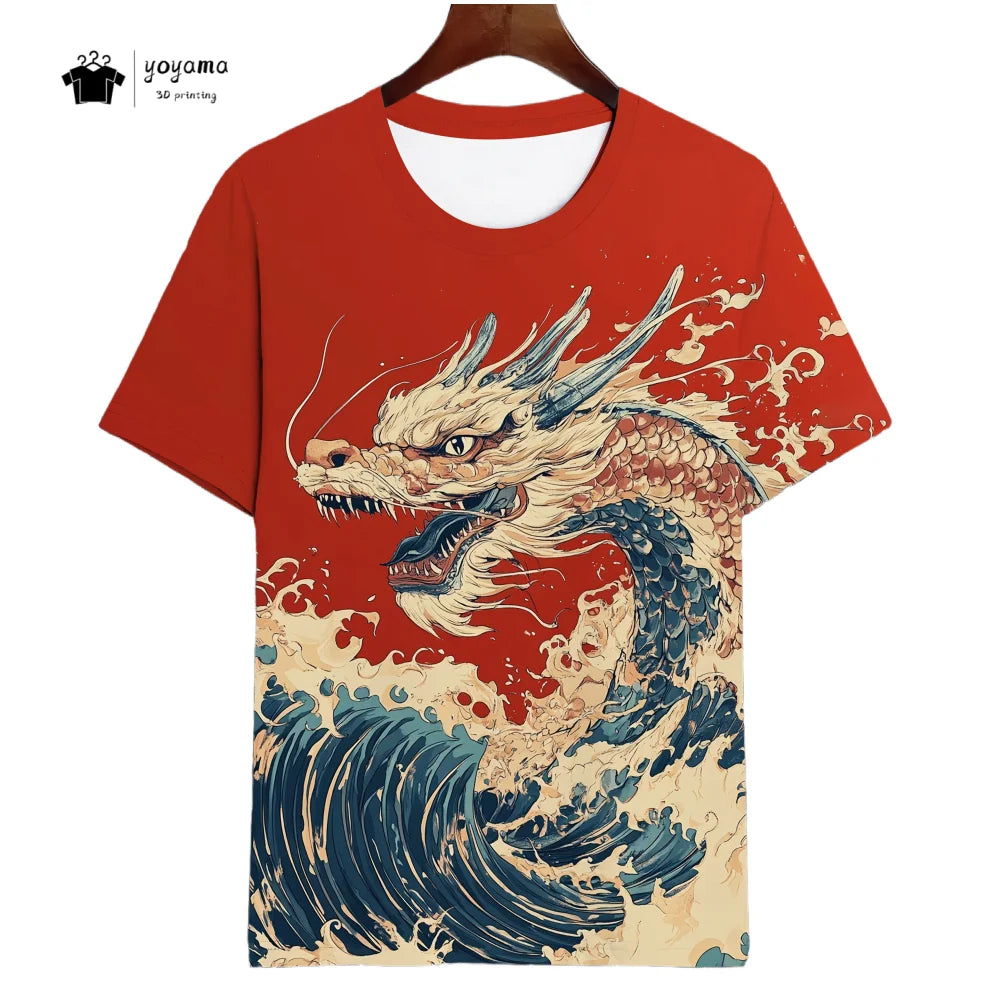 T-shirts för herr med drakmönster, kortärmad T-shirt, trendig streetwear-topp med O-ringning, djurmönster i 3D-tryck, lös och mångsidig herrklädsel