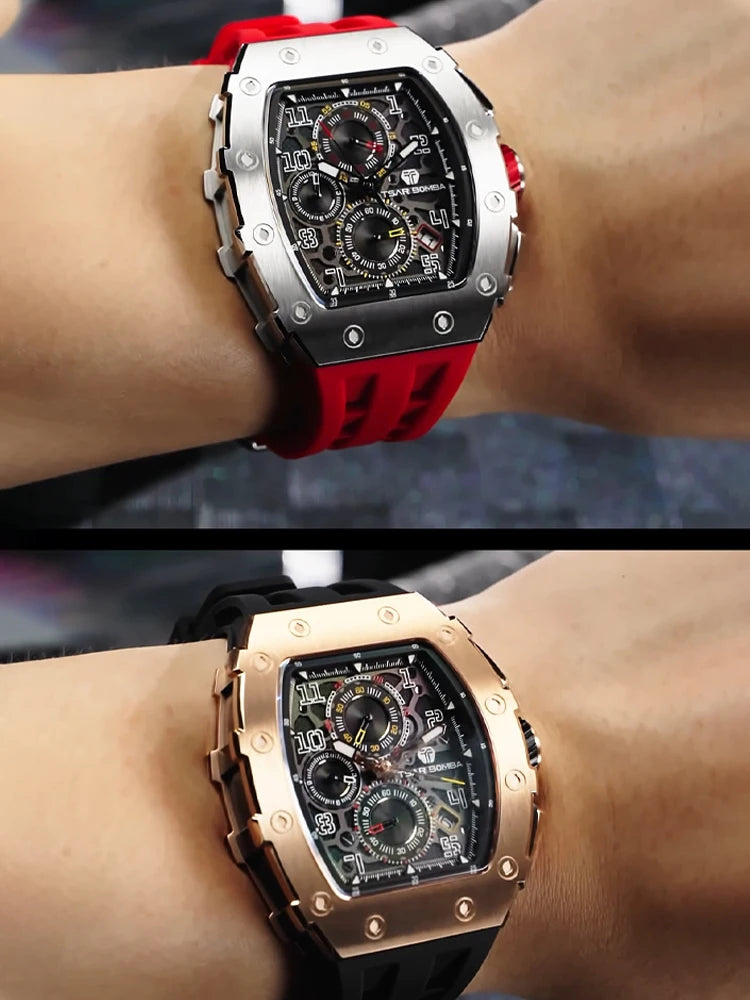 TSAR BOMBA Uhr für Herren, Luxusmarke, Tonneau-Design, wasserdichte Uhr, Edelstahl-Armbanduhr, modische rechteckige Herrenuhr