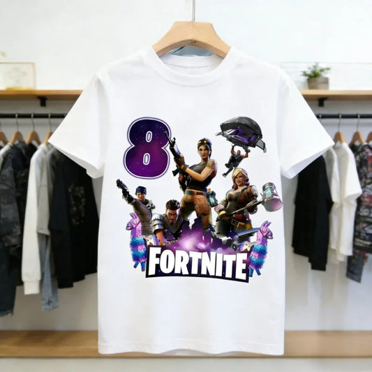 T-shirt de aniversário infantil Fortnites com número para menina e menino, roupa de verão em algodão para bebé, top de manga curta para festa, presente para criança pequena