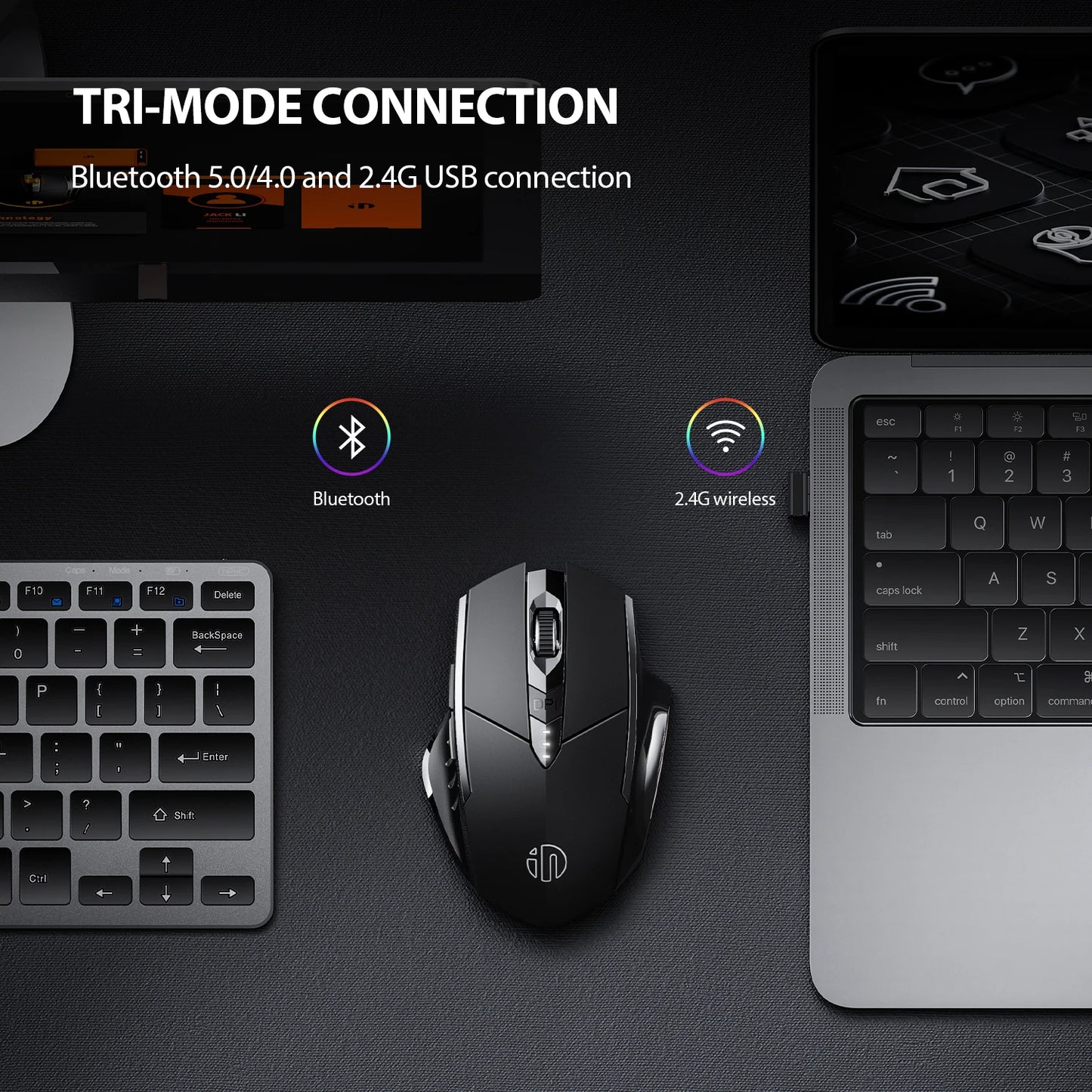 INPHIC A1 BluetoOth Mouse Rechargeable 2.4G Tri-mode Optical Mute Wireless Mouse 1600 DPI for Mac Laptop PC Tablet Mobile Phone