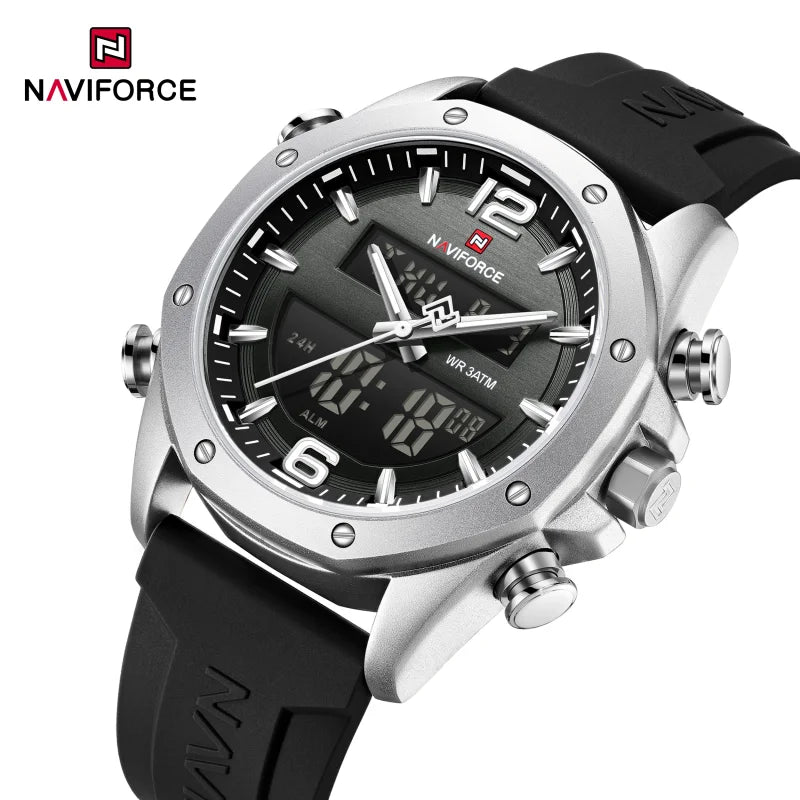 NAVIFORCE Men Quartz LCD Dual Display Watch With Silicone Strap 3ATM Waterproof Shockproof Night Light Round Case Sport Casual