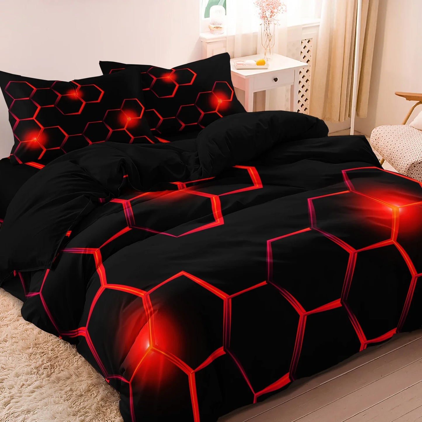 Conjunto de Capa de Edredão 3D Geométrica com Padrão Hexagonal em Favo de Mel, 3 Peças, Roupa de Cama em Poliéster Colorido com Impressão Digital e Fecho de Correr