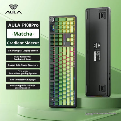 Tastiera meccanica AULA F108 PRO personalizzata layout 100%, retroilluminazione RGB, wireless Bluetooth, switch HiFi, tastiera gaming