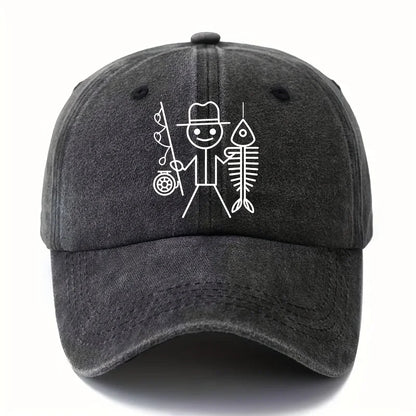 Printed cartoon man fishing baseball cap, outdoor curved brim cap, truck driver cap, vacation travel camping