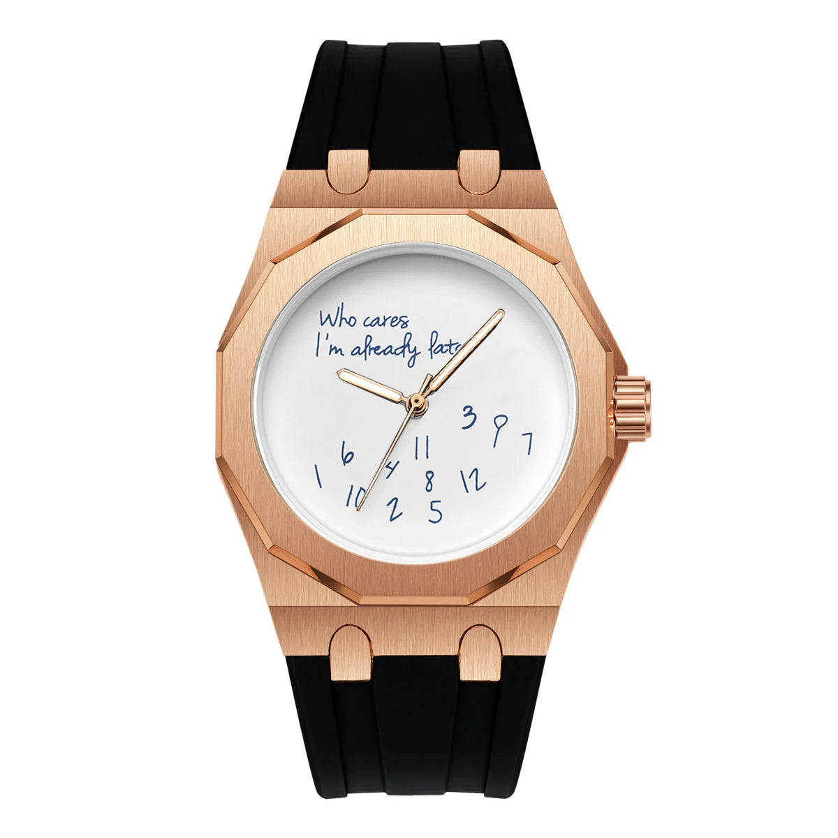 Luksusowy zegarek męski z ośmiokątną kopertą i silikonowym paskiem, wodoodporny, wyposażony w tarczę z humorystycznym hasłem „Who Cares I'm Already Late” (No i co z tego, i tak już się spóźniłem).