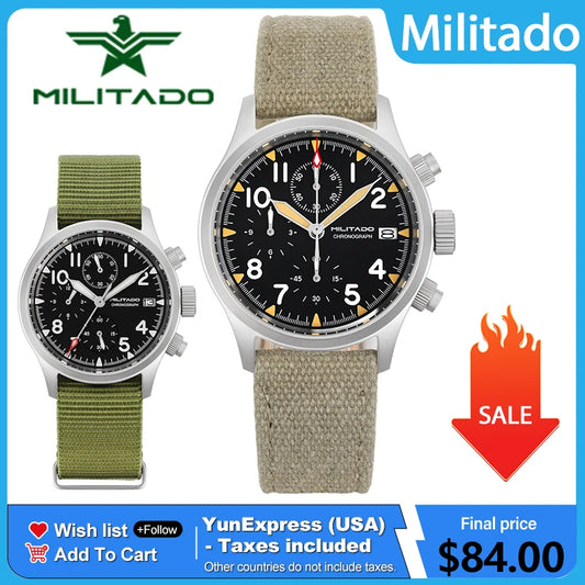 Militado ML1868KF Retro VK67 Quartz Chronograph Watch Stainless Steel Case 3 Dial Waterproof 100M  Multifunction Military Watch