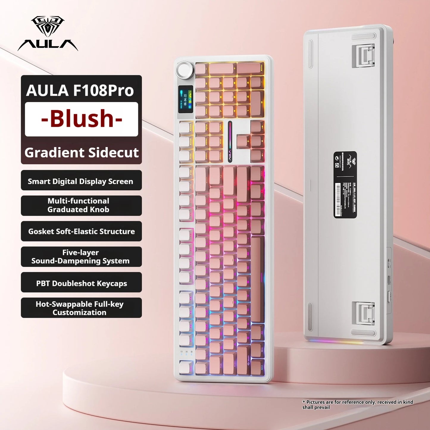 Tastiera meccanica AULA F108 PRO personalizzata layout 100%, retroilluminazione RGB, wireless Bluetooth, switch HiFi, tastiera gaming