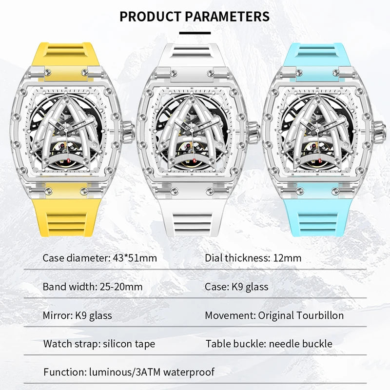 PINDU Designer Hollow Tonneau Mechanical Watch Men Luxury Brand Skeleton Automatic Watches Mens Sport Silicone Wristwatch JH3105