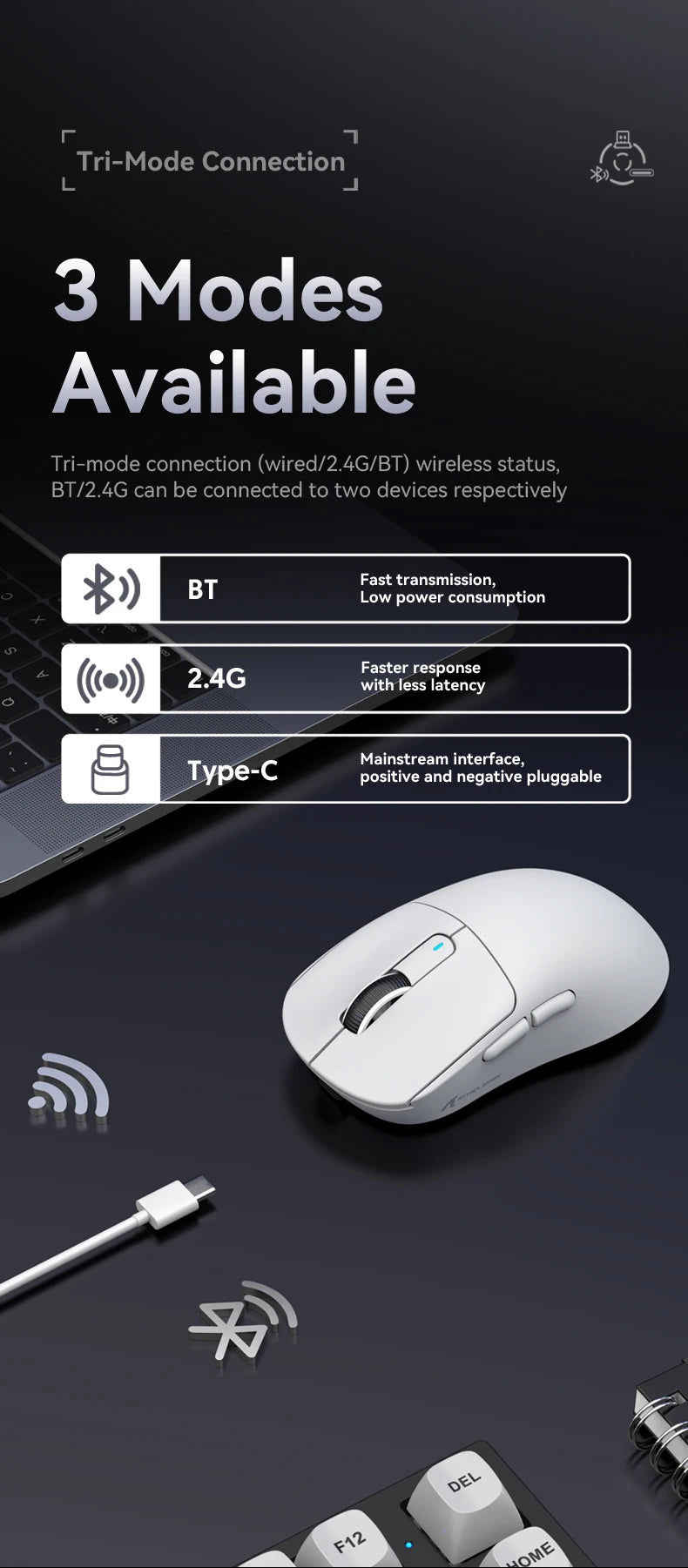 X3 vezeték nélküli gamer egér ATTACK SHARK, piros, 4K válaszidő, Bluetooth hárommódú kapcsolat, PAW3395, makrós Bluetooth gamer egér