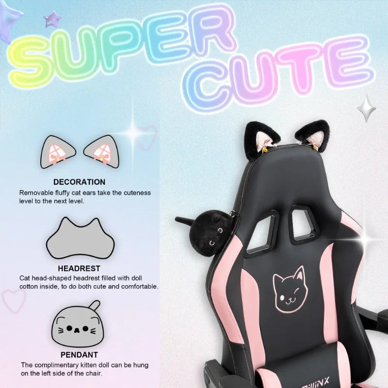 Cute Gaming Chair with Cat Ears, Pink Kawaii Ergonomic Gamer Chair with Footrest, Cat Paw Lumbar Support, High Back Computer Gaming Chair