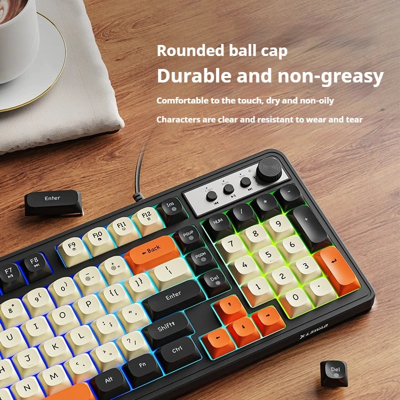 Teclado gaming de oficina EWEADN G98, membrana con retroiluminación arcoíris, USB con cable, externo y silencioso, área numérica, diseño Digh