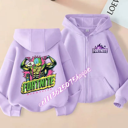 Casaco com capuz infantil Fortnite de outono, com fecho, estampado com personagem de jogo em estilo cartoon, casaco de inverno para criança, roupa para menino
