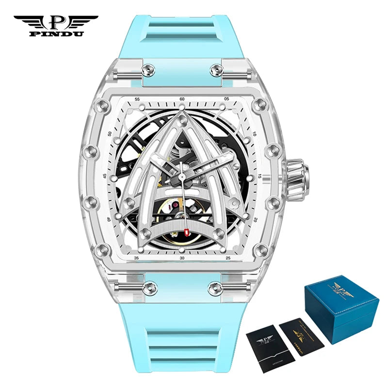 PINDU Designer Hollow Tonneau Mechanical Watch Men Luxury Brand Skeleton Automatic Watches Mens Sport Silicone Wristwatch JH3105