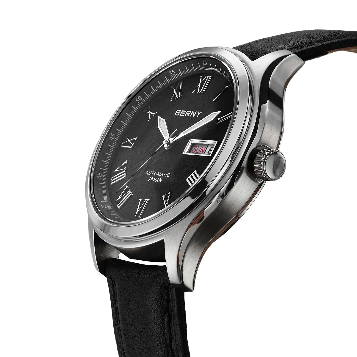 BERNY Automatic Watches for Men Sapphire Luminous Hands Day Calendar Dress Luxury Mechanical Watch 5ATM Vintage-Style Wristwatch