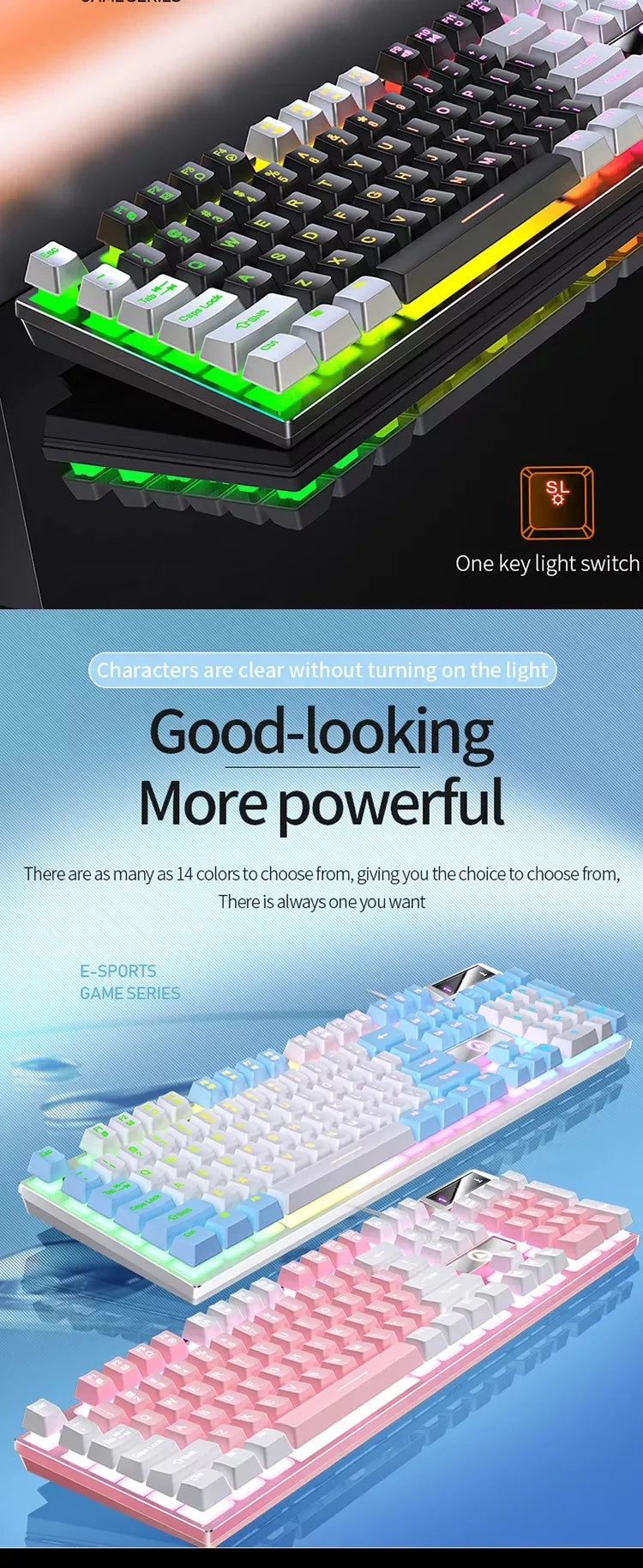 K500 Pink Keyboard Gaming-Tastatur in gemischten Farben mit weiß-rosa Tastenkappen, 104 Tasten, kabelgebunden, für Laptop und PC