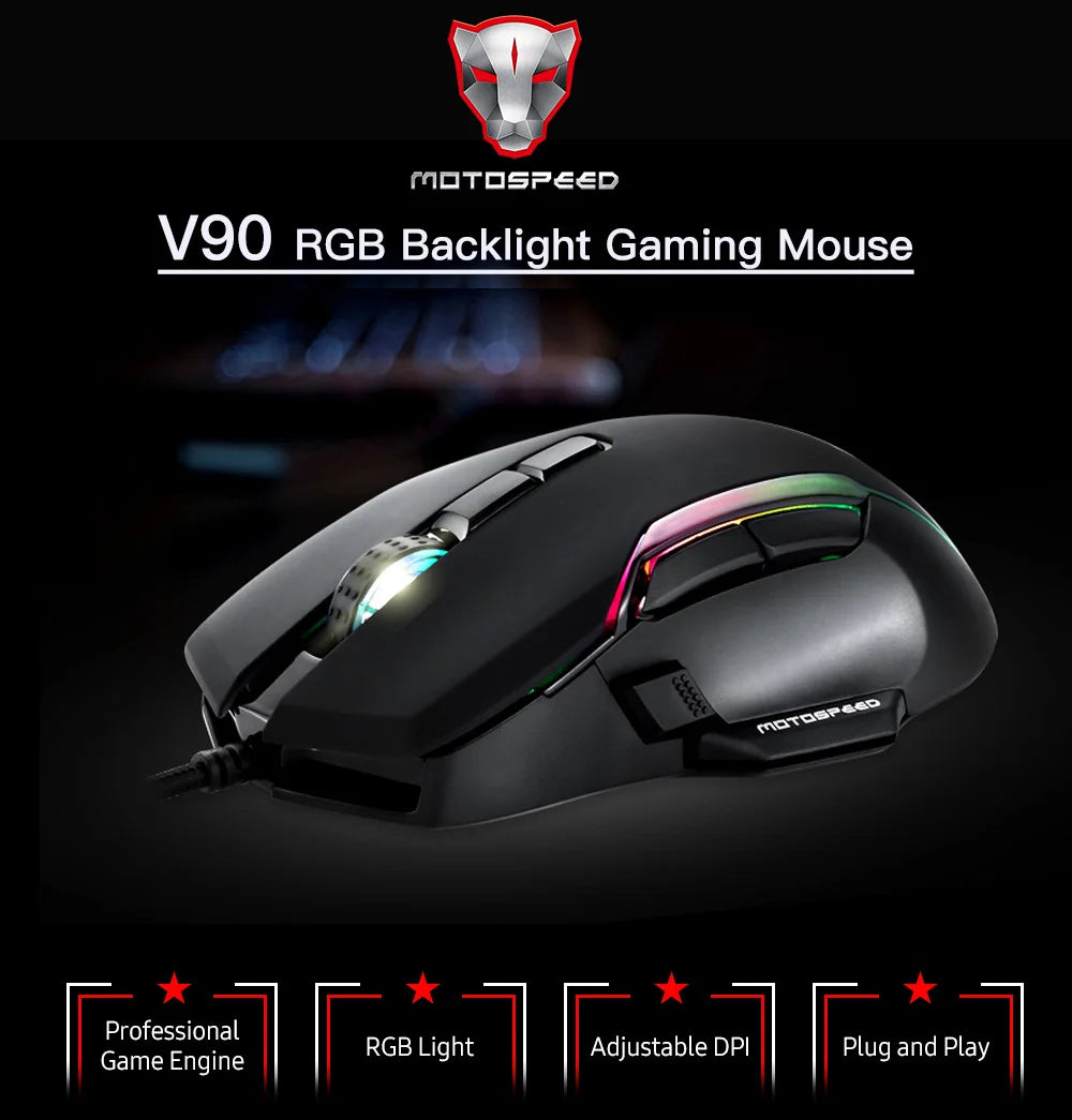 Motospeed V90 Wired Gaming Mouse RGB Backlight 8 Adjustable 50000 DPI Office Game Mouse Macro Drive PMW3325 For Laptop PC