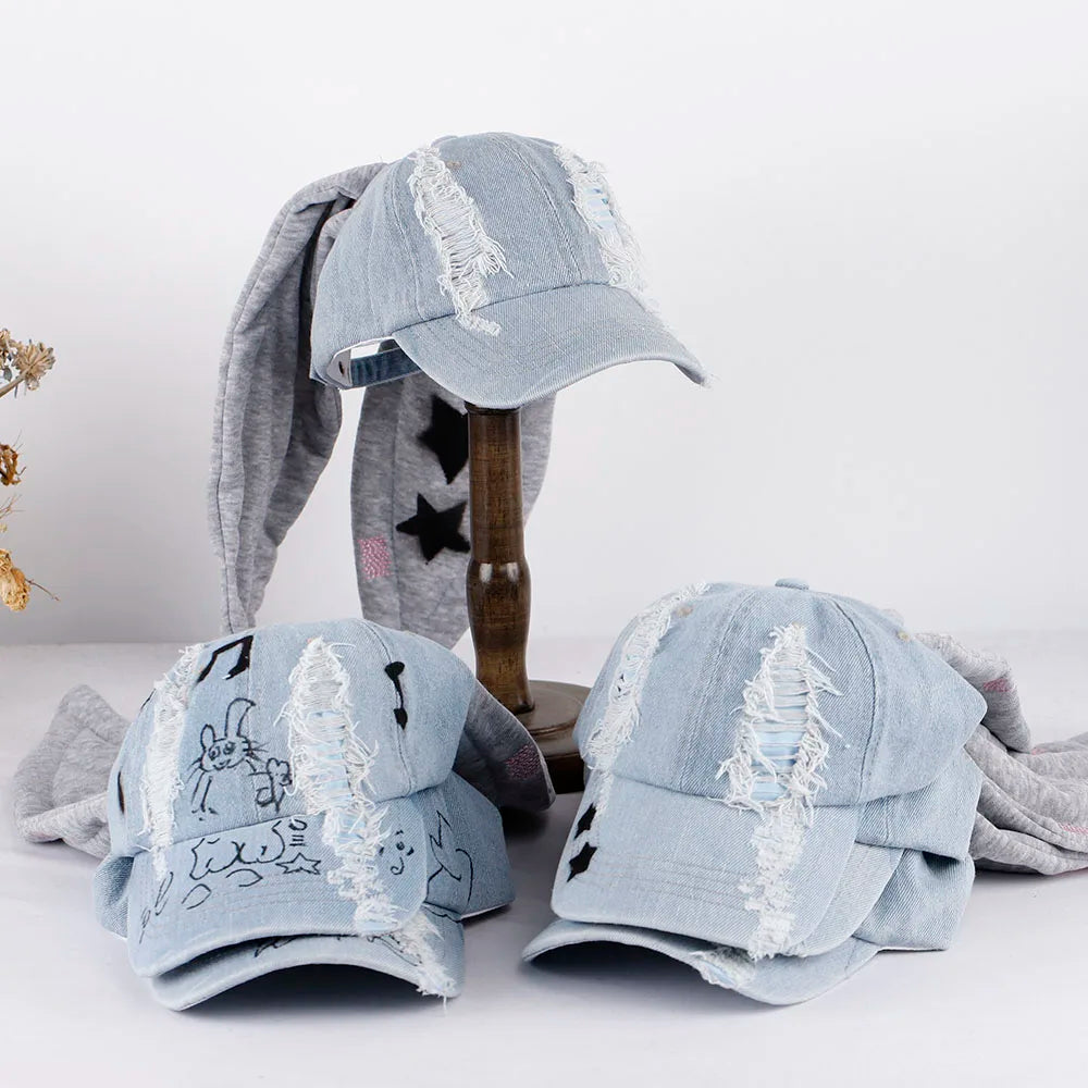New MinJi Haerin OMG Stage Long Rabbit Ear Hat Y2K Style Denim Blue Baseball Cap Fashion Hip-Pop Cap Couple Birthday Gifts