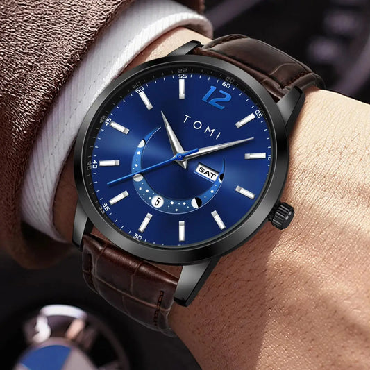 Relógio de quartzo TOMI, estilo empresarial e elegante, com bracelete em pele, caixa em liga metálica e mostrador com ponteiros – Design de alta qualidade, ideia de presente para homem