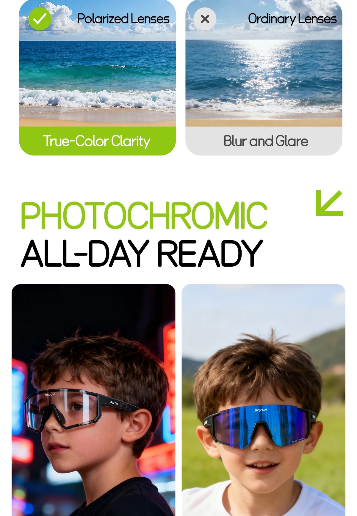 SCVCN Dívčí sportovní sluneční brýle Dětské cyklistické brýle Fotochromatické UV400 Chlapecké baseballové brýle Outdoorové brýle Sluneční brýle na běh a turistiku