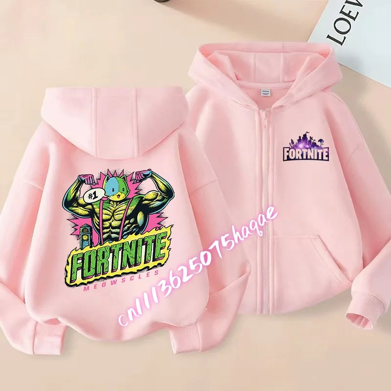 Casaco com capuz infantil Fortnite de outono, com fecho, estampado com personagem de jogo em estilo cartoon, casaco de inverno para criança, roupa para menino
