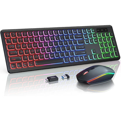 Combo de teclado y ratón inalámbricos con retroiluminación RGB, letras iluminadas recargables, tamaño completo, ergonómico, modo de suspensión, 2.4GHz