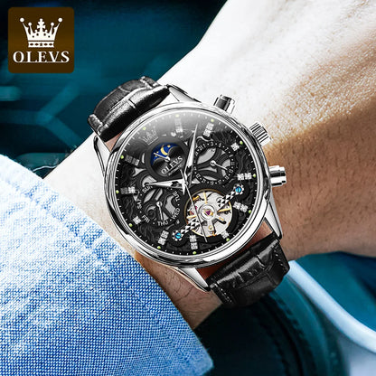 OLEVS 6658 Automatic Mechanical Watch for Man Leather Strap Waterproof Moon Phase Business Dress Men's Watches
