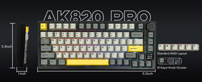 Ajazz AK820 Pro 75% mechanische Tastatur mit Gasket-Mount, Bluetooth 5.1/2.4G, kabellos/kabelgebunden, mit TFT-Bildschirm für Mac/Win