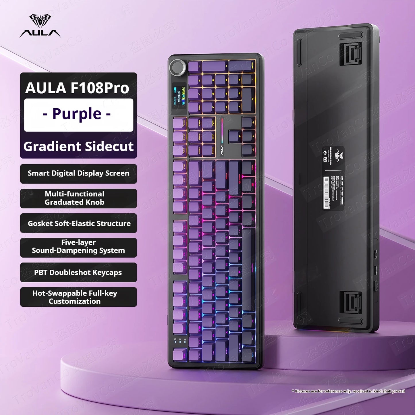 Tastiera meccanica AULA F108 PRO personalizzata layout 100%, retroilluminazione RGB, wireless Bluetooth, switch HiFi, tastiera gaming
